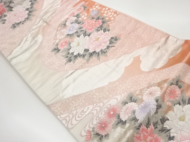 リサイクル　草花に雲・亀甲模様織出し袋帯